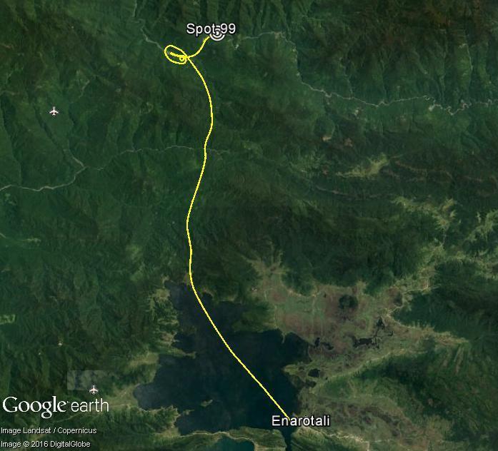 The helicopter flight track retrieved from the GPS and superimposed to the Google earth is as follow: Figure 4. The flight path from Enarotali to Spot 99 1.
