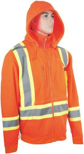 PROTECTIVE CLOTHING POLAR HIGH-VISIBILITY JACKET WITH DETACHABLE HOOD 100% polyester polar 260 g/m² 4 reflective tape One horizontal stripe around the waist, two vertical stripes on the front and one