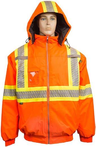 separately) Quick access pockets with snaps Pants with elastic and adjustable suspenders Horizontal tape on legs Detachable and hideaway hood in collar with reflective tape Arc flash protection Meets