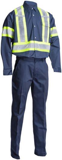HIGH VISIBILITY WORK SHIRTS AND PANTS WORK SHIRT WITH 4 REFLECTIVE TAPE Made of 65% polyester and 35% cotton 4 reflective tape One horizontal stripe around the waist and on arms, two vertical stripes