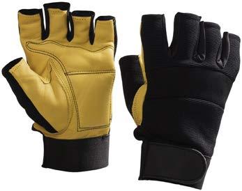 ANTI-VIBRATION MECHANICAL GOATSKIN HALF-FINGERS LEATHER GLOVE Goat leather palm padded with foam at pressure points Breathable polyester 4 ways stretch back and half-fingers Neoprene