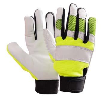 GOATSKIN LEATHER GLOVES Goatskin leather palm and fingers Thinsulate 40 g lining Reinforced wing thumb High visibility breathable polyester 4 ways stretch back Back of fingers in
