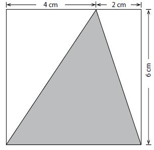 M022243 (primjena) Crtež pokazuje osjenčen trokut unutar kvadrata. Kolika je površina osjenčanog trokuta? Odgovor: Točnih odgovora je bilo 19,5%, neodgovoreno 24,2%, ostalo su netočni odgovori.