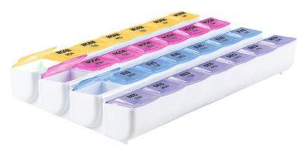 Easy to operate container enables those with limited strength and dexterity to easily access their daily medication. Includes a tray to hold two organizers one for AM and one for PM.