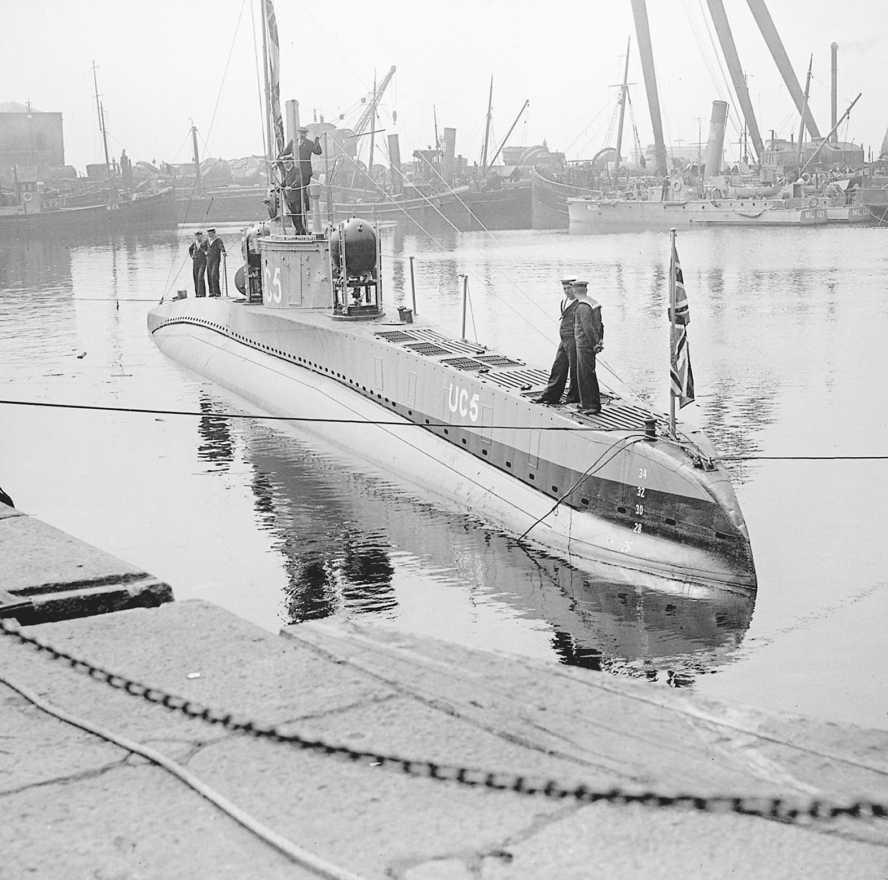 Captured German submarine UC5 moored at Sheerness. Reproduced by permission of Archive Photos, Inc.