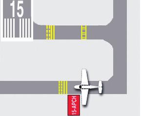 Runway Approach Area Holding Position Sign: Taxiing past this sign may interfere with operations on the runway.