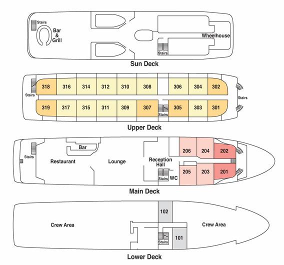 Cabin Categories - Cost including air A B C A = Upper Deck $4,885 pp (Double) 303, 304, 306, 308, 309, 310, 311, 312, 314, 315, 316, 317 B = Upper Deck $4,785 pp (Double) 301, 302, 305, 307, 318, 319