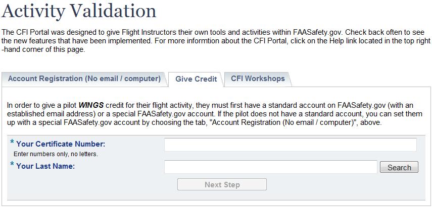 You go to the CFI Portal on the Home Page at FAASafety.gov and start the Give Credit process, as shown below.