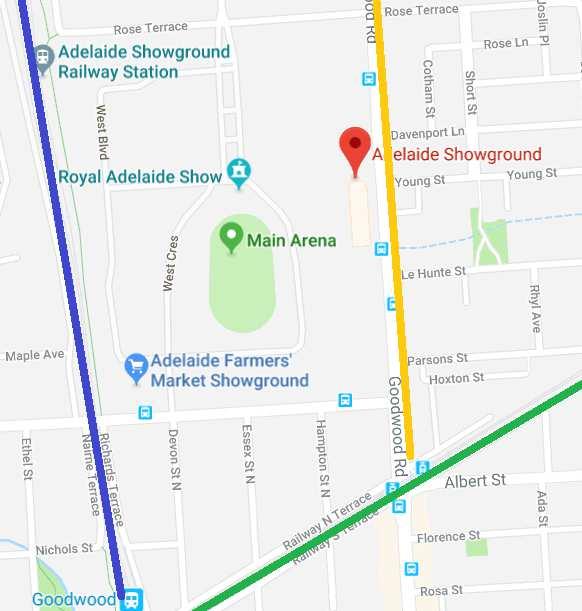 Transport Options to Opening Ceremony at Adelaide Showgrounds Train Station to and from City Bus Stop 2, Goodwood Road to City Tram Stop 3, Goodwood Road from City & to Glenelg Tram Stop 3, Goodwood