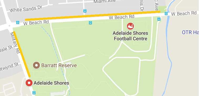 Travelling to Adelaide Shores Sports Complex Bus Stop 14, Rio Vista Ave From City Bus Stop 14A, West Beach Road From City Bus Stop 16, Military Road from City The Shores Sporting