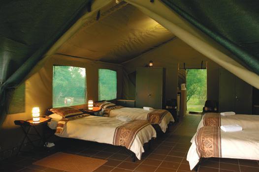 Accommodation comprises ten large comfortable walk-in tents, sleeping up to six people each. The tented accommodation includes a hot indoor shower, toilet and a small kitchenette.