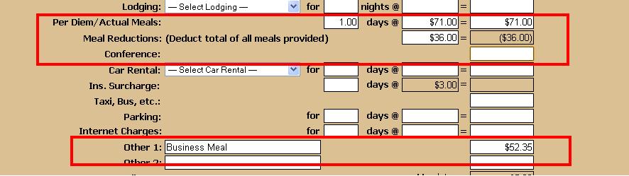 Meals/Per Diem Per diem rates found on Travel homepage With actual receipts we can reimburse up to 20% over the per diem rate If any meals were provided by another party they should be