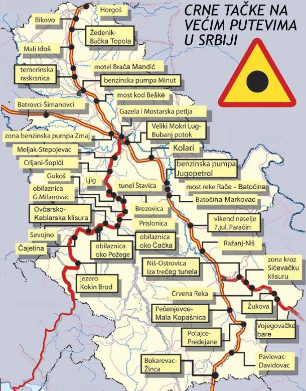 PULIC ROAD REHABILITATION PROJECTS ELIMINATION OF SPOTS OF EXTREEME PERIL ( CRNE TACKE ) AND REHABILITATION OF DANGEROUS PARTS OF STATE ROADS AND HIGHWAYS Map with locations of spots of extreeme