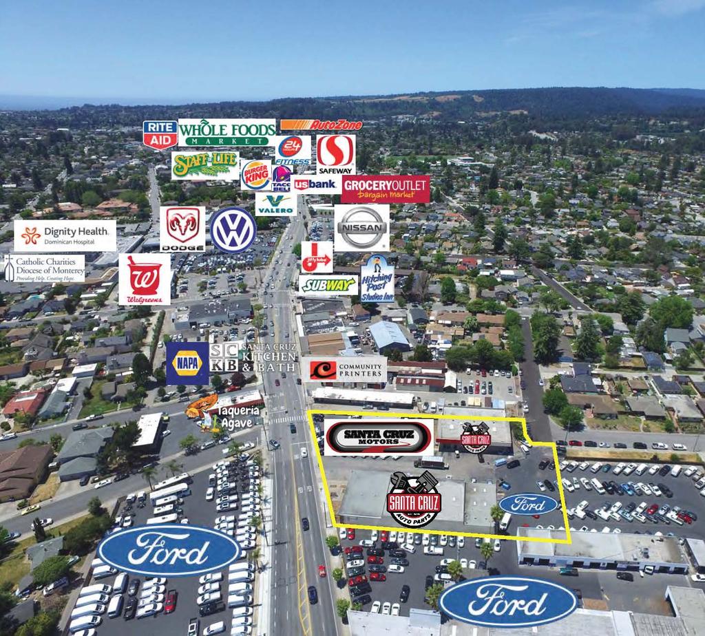 AERIAL PHOTO The property enjoys a strategic mid-town location, with great visibility and access to customers along Soquel Avenue, a high traffic commercial thoroughfare in Santa Cruz, California.
