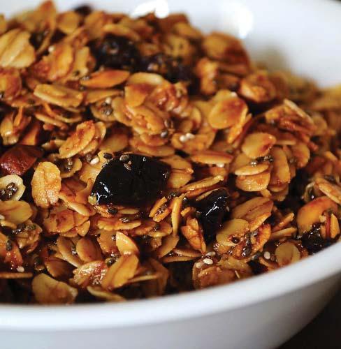 chef chris s Recipe of the Month Homemade Almond Granola Preheat oven to 250 0 3 cups Rolled Oats 2 cups Almonds sliced or whole 1 cup Raisins 1/2 cup Brown Sugar 1/2 cup Maple Syrup 1/4 cup