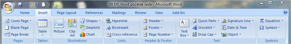 Uvod u Microsoft Office Word 2007 Ubacivanje novih stranica i sekcija Ubacivanje i brisanje hard i soft preloma stranica Nakon popunjavanja čitave stranice Word automatski ubacuje prelom i započinje