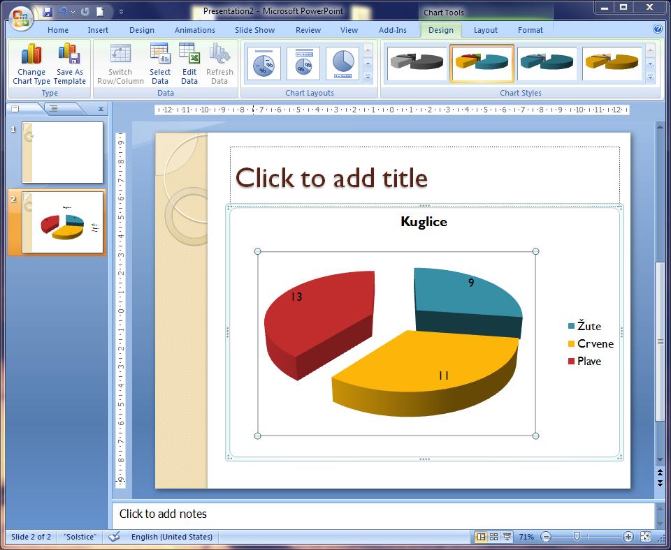 Pitanja Microsoft Power Point 7. Za datu prezentaciju izabrati željenu kolor šemu postojeće teme i postaviti naslov Grafikoni. 8.