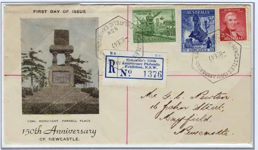 The commemorative envelope which was arranged by Mr. Miller, featured a view of Nobby s Head, in blue, plus the Sesqui-centenary logo and appropriate wording.