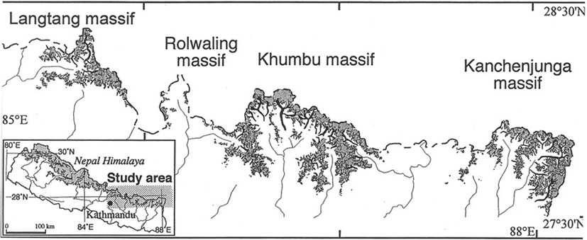 94 Kayastha and Harrison: Changes of the ELA in the Nepalese Himalaya Fig. 1. Location map of studied glacierized regions in Nepal.