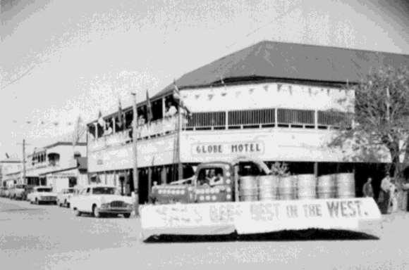 Gwennie Isabel Watson manager of Globe Hotel 1958 Back to Barcaldine procession at Globe Hotel corner