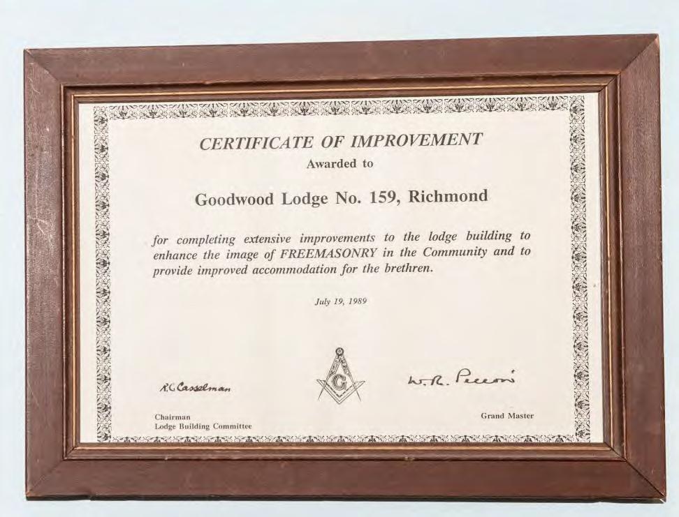 Awarded to Goodwood lodge Grand Lodge Recognition
