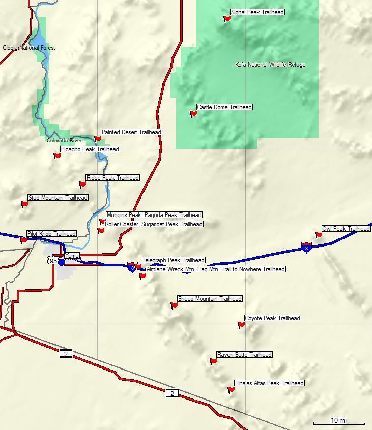A Hiking Guide to Trails in the Yuma Area 4 GPS Tracks Link: A link to GPS tracks for all the listed hikes/climbs is: http://virgil.azwestern.