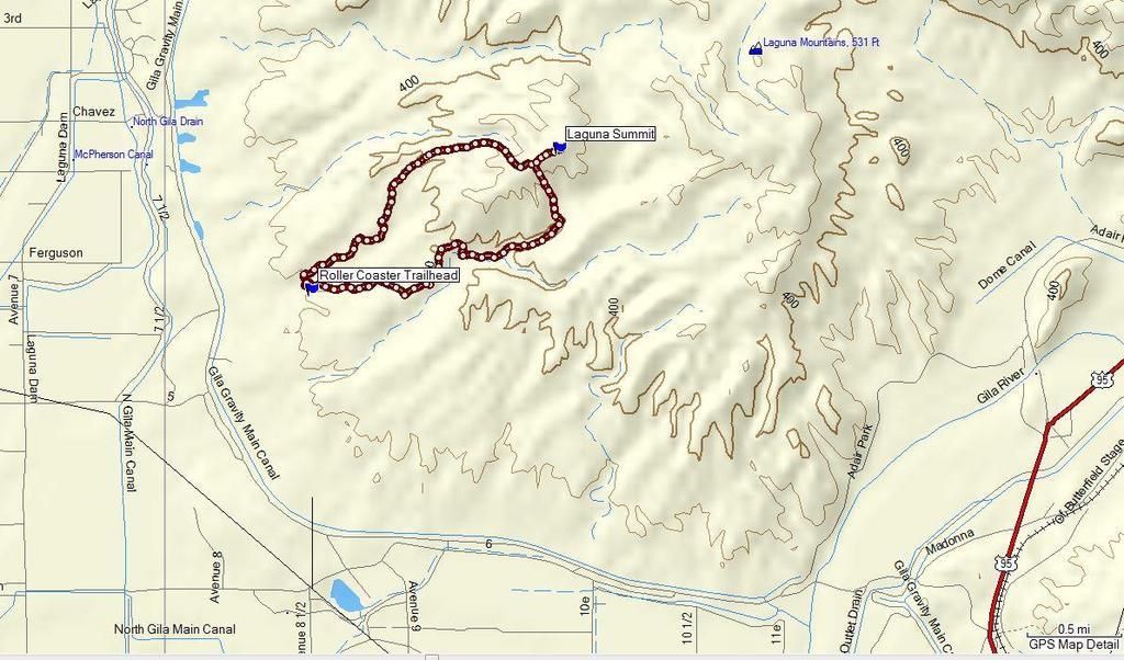 A Hiking Guide to Trails in the Yuma Area 42 Roller Coaster Trail Distance and Altitude Profile (with Trailhead and Summit GPS coordinates):