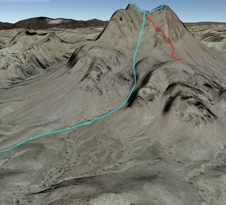 A Hiking Guide to Trails in the Yuma Area 56 Muggins Peak Summit: Pictured below is an ascent route for the two summits of Muggins Peak (in turquoise), along with a descent route (in red).