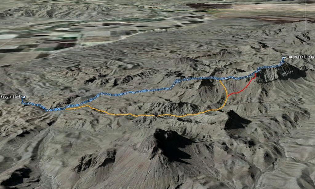 A Hiking Guide to Trails in the Yuma Area 60 Pictured below are two other ascent routes for Pagoda Peak (in orange and red) that branch off the Muggin s Mountain Loop trail.
