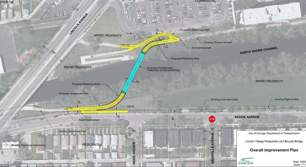 Proposed Project Improvements A single-span prefabricated weathered steel bicycle and pedestrian bridge Bridge Abutments located outside the waterway Span is approximately 180 feet Vertical