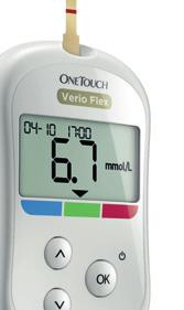 Novo! OneTouch Verio Flex 3-barvni prikazovalnik takoj pokaže, ali je izmerjena vrednost glukoze v krvi»nizka«,»visoka«ali»znotraj razpona«* Enostaven, točen in hiter za uporabo.