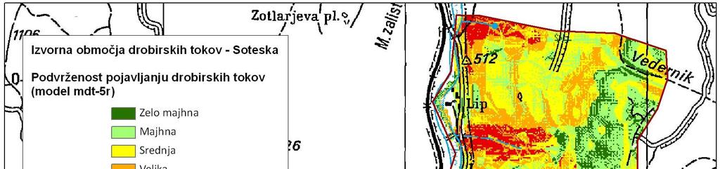 56 Slika 19: Podvrženost pojavljanju drobirskih tokov na desnem bregu v Soteski (celice 5x5m) (vir: GeoZS) S slike 19 je