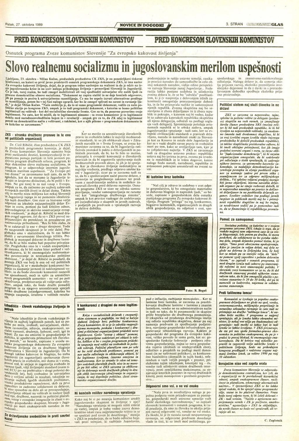 Petek, 27. oktobra 1989 NOVICE IN DOGODKI 3.
