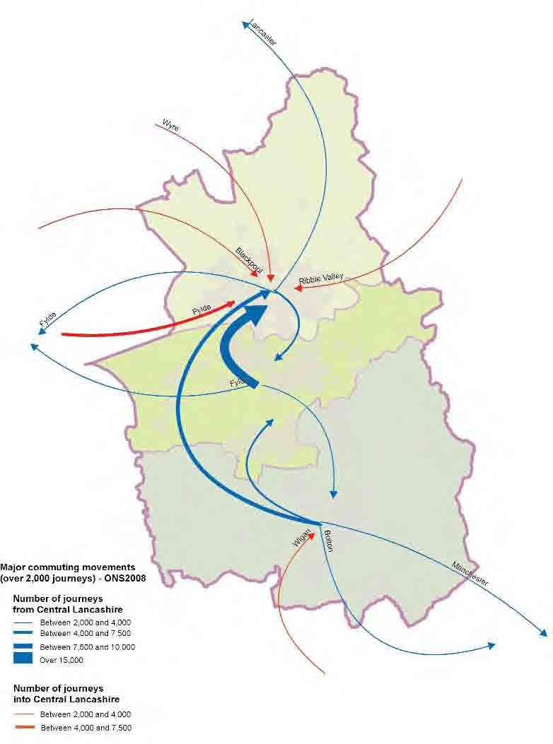 Travel in Central Lancashire Figures 1 and 2 show how Central Lancashire s residents are spread across the area and where the major destinations that they travel to are.