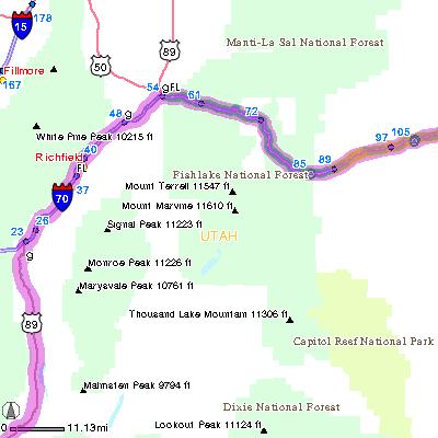MAP: 10 of 38 Continuing to Arches National Remaining Distance: 203.3 miles (327.2km) 12. Go STRAIGHT to get on I-70 E towards US-89 / I-70 E / RICHFIELD. Drive for 158.5 miles.