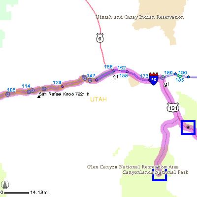 MAP: 11 of 38 Continuing to Arches National Remaining Distance: 102.6 miles (165.1km) 13. Take exit number 180 towards US-191 / MOAB. Drive for 0.4 miles. 14.