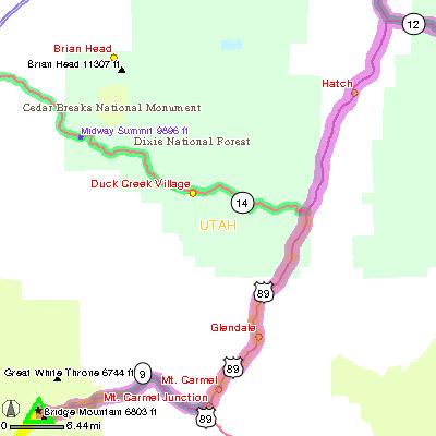 MAP: 2 of 38 Continuing to Bryce Canyon National Remaining Distance: 79.8 miles (128.4km) 3. Turn LEFT onto US-89. Drive for 43 miles. 4. Turn SLIGHT RIGHT onto UT-12. Drive for 13.6 miles.