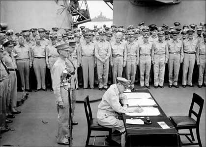 General Douglas MacArthur signing the treaty to end