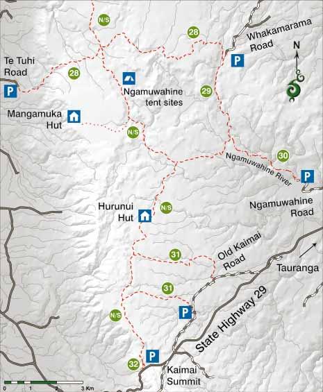 Or, take the Leyland O Brien Tramline Track south to access the North South Track. Hurunui Hut is nearby. Southern Kaimai tracks. a waterfall and large swimming hole.