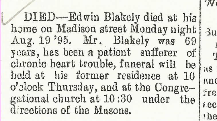 Edwin Blakely 1, Evansville, Wisconsin August 20, 1895, Tribune, p. 4, col.