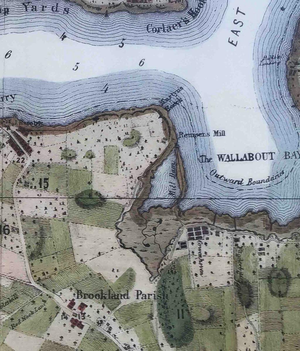 Here we see a zoomed in version of the Vinegar hill and future Brooklyn Navy yard area. There is a large amount of marsh land that is near the cost and we see Remsens Mill, owned by Abraham Remsen.