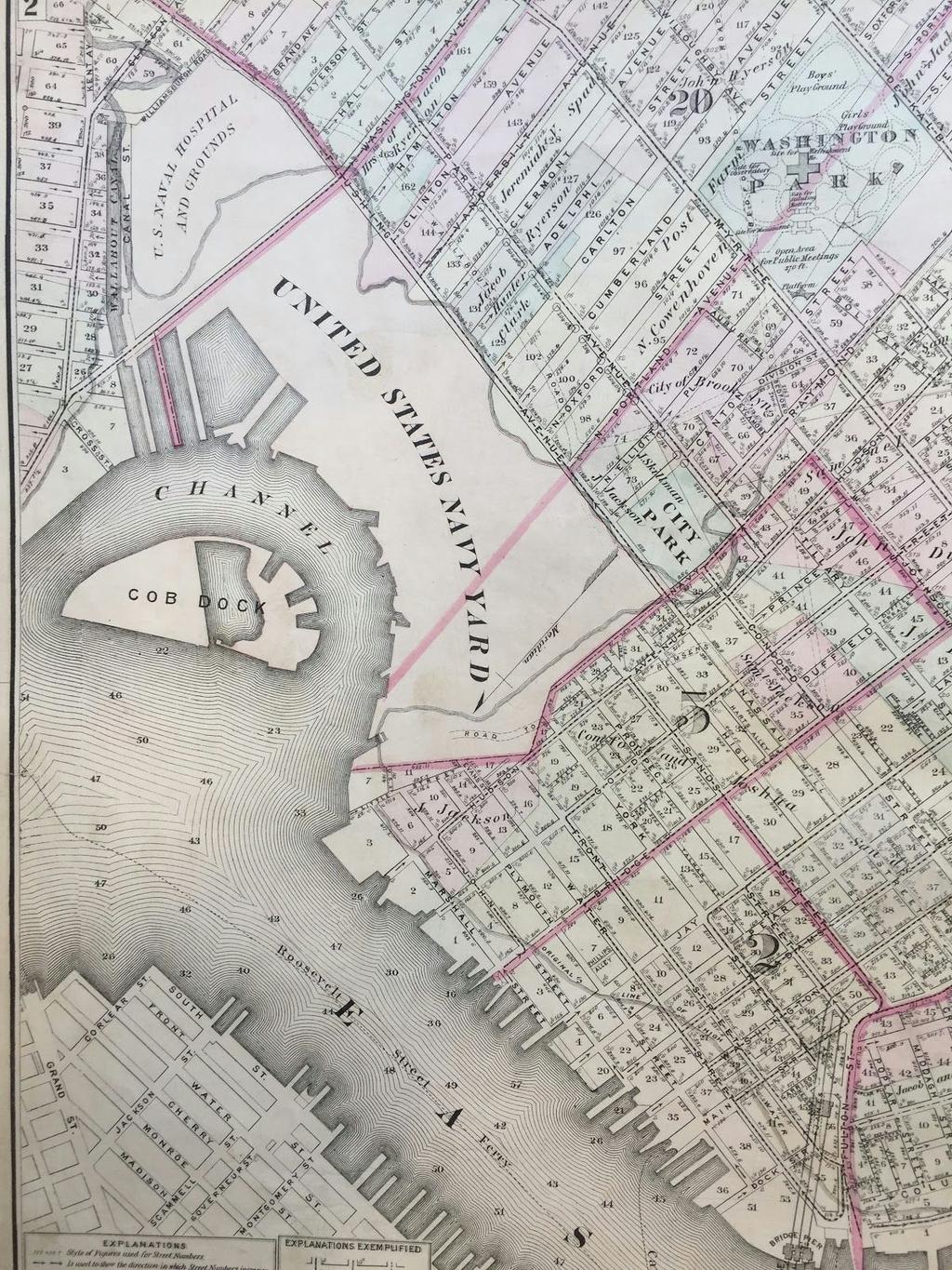 In this 1874 map by Henry Fulton, you can see the original waterfront line. The outward boundary line is now filled in and occupied by The united states navy.