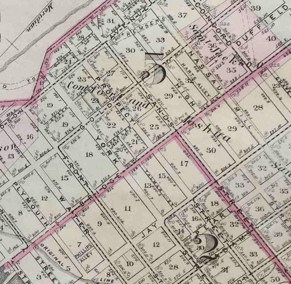 Magnifying the 1874 farm line map we can see the old farm lines affected the street development. The main streets like Sands and Bridge street border the old farm line divisions.