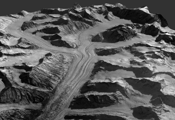 Figure 2: Synthetic perspective view of the Bara Shigri (left panel) and Chhota Shigri (right panel) glaciers obtained by draping a SPOT5 image over a DEM. No vertical exaggeration.