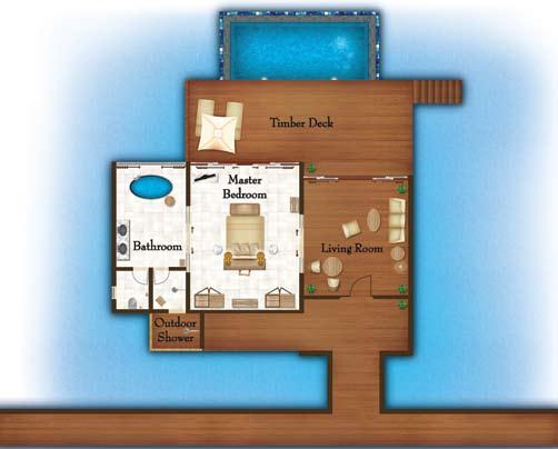4 Two Bedroom Water Pool Villas - 282 m 2 with deck and pool (144 m 2 villa only) Set on the beach or directly over the water, the two-bedroom villas are perfect for families or two couples