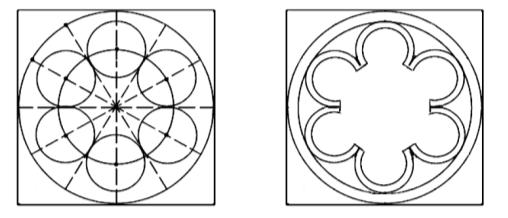 Slika 12. Drugi korak konstruiranja četverolisne rozete [2] Peterolisna rozeta (cinquefoil) Konstruira se pravilan peterokut.