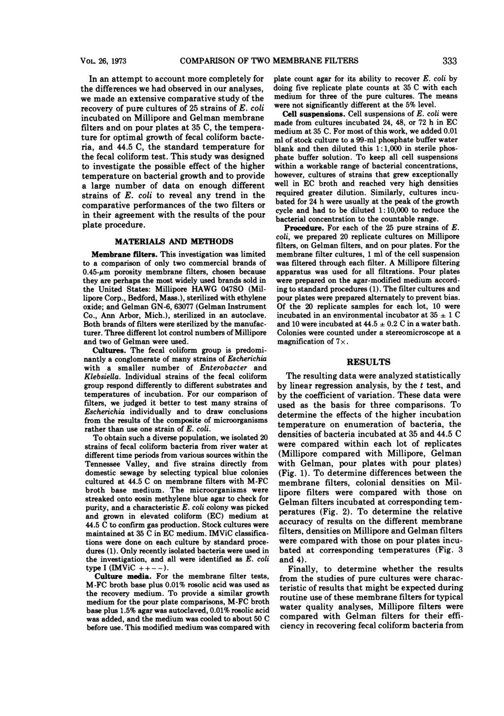 VOL 26, 1973 COMPARISON OF TWO MEMBRANE FILTERS 333 In an attempt to account more completely for the differences we had observed in our analyses, we made an extensive comparative study of the