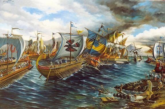 (8) At the same time as the battle of Thermopylae, the Persian ships met the Athenian navy near the island of SALAMIS The Persian ships vastly OUTNUMBERED the