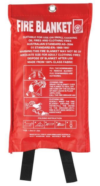 Fire Blanket Every kitchen or kitchenette should be equipped with a Fire Blanket to assist with fire emergencies and reduce the damage caused by oil or clothing fires.