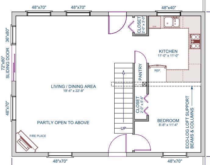 Drawing 8: Main floor 768 sqft cottage (B)